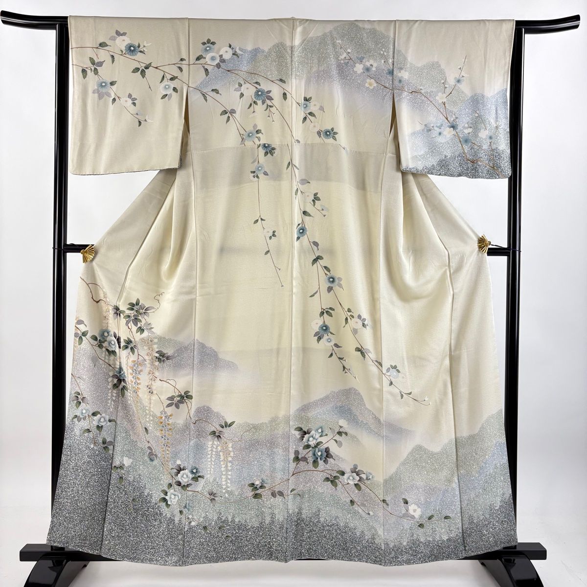 訪問着 身丈159cm 裄丈63cm S 袷 椿 藤 ぼかし ベージュ 正絹 秀品