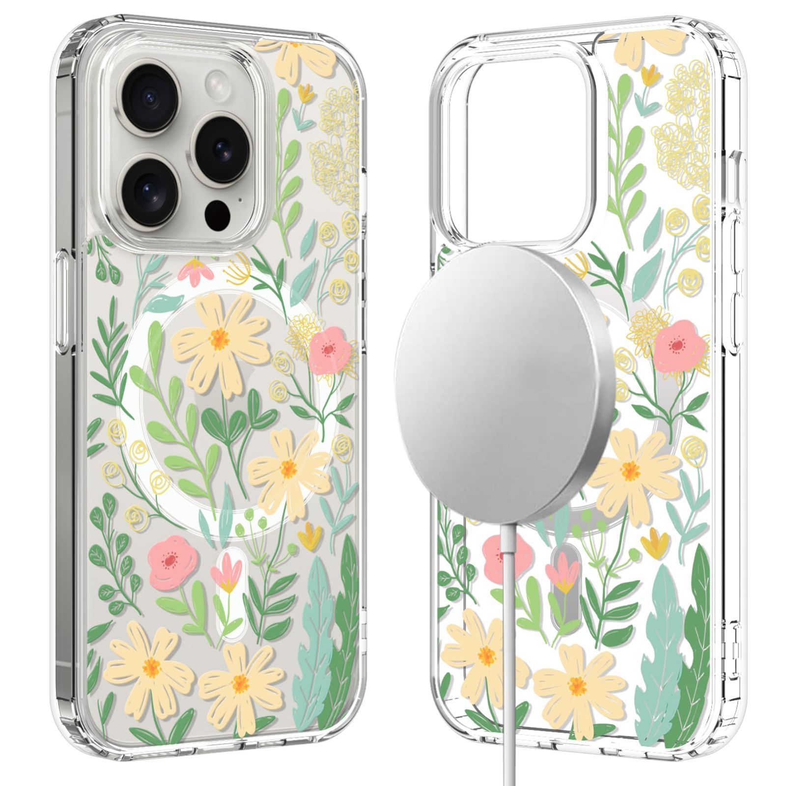 【人気商品】耐衝撃性 防塵 ファッション カメラ保護 耐久性 衝撃吸収 かわいい花柄の透明ケース 大人可愛い ストラップホール付き 新鮮な花柄 花 花柄 アイフォン クリア 15 15 Magsafe対応 Pro