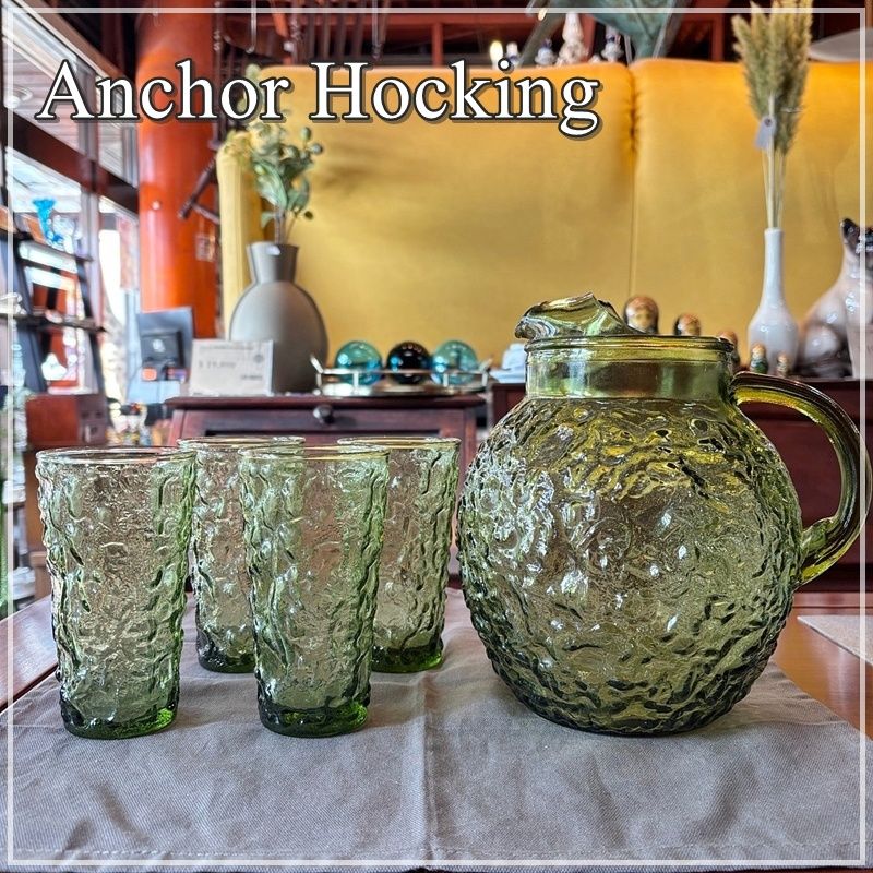 アンカーホッキング LIDO グラスウェアセット Anchor Hocking glassware ガラス製品 ヴィンテージ リド タンブラー ピッチャー 水差し グラス4個 アボカドグリーン CA0109-6