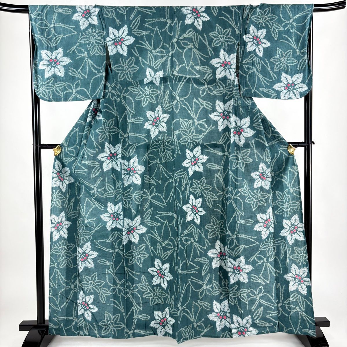 浴衣 身丈162.5cm 裄丈67cm M 絞り浴衣 草花 青緑 正絹 名品