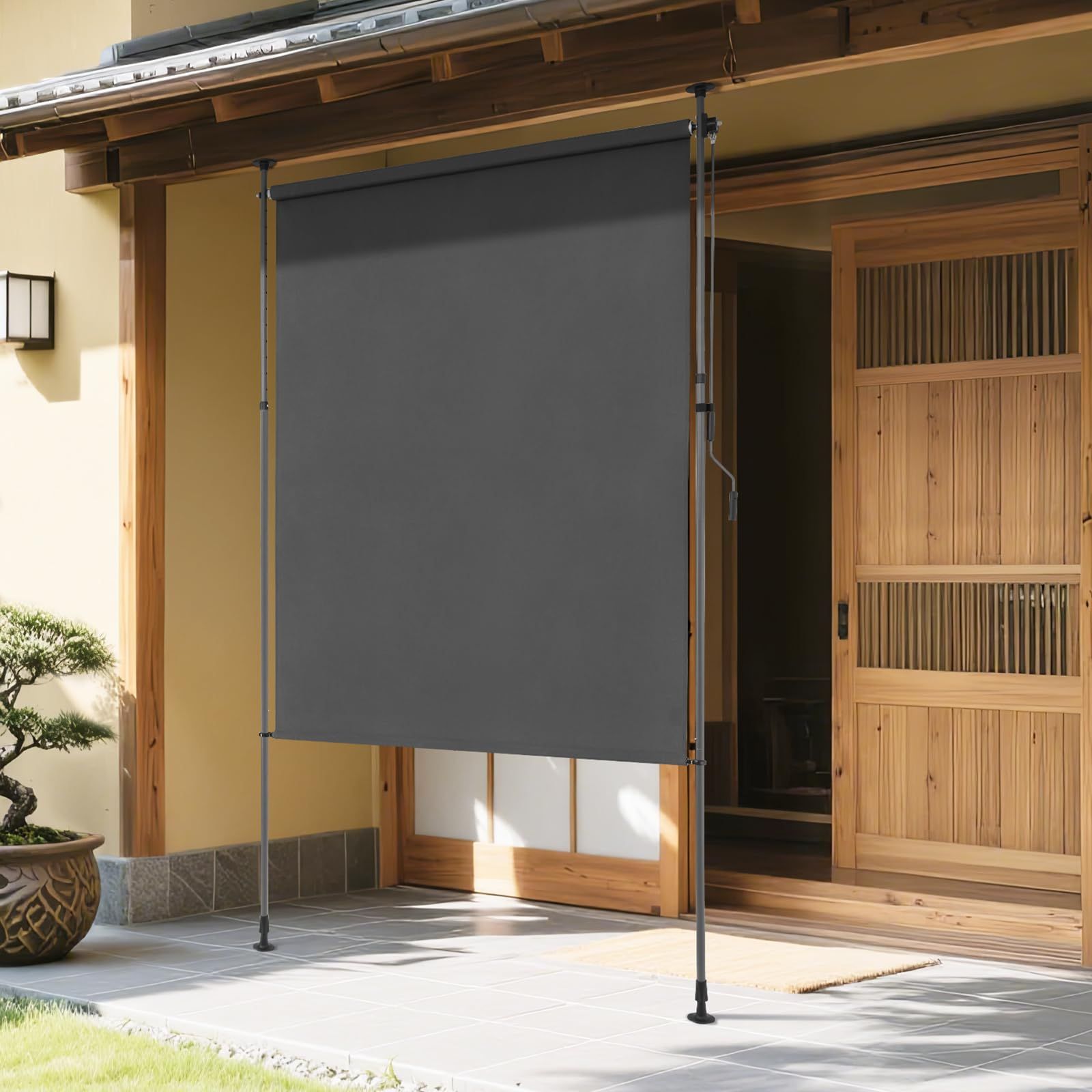 KELIXU 突っ張り式サンシェード 縦型 オーニングシェード 日除け 屋外 幅150cm ひよけ 目隠し 巻き取り式 高さ調節 断熱 遮光 防水シート 取り付け簡単 穴あけ不要 庭 ベランダ グレー