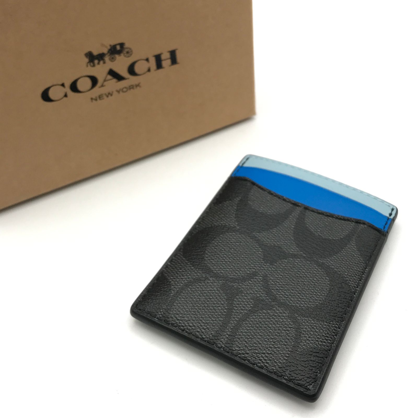 COACH コーチ シグネクチャー ロゴ マネークリップ 財布 カードケース ブラック|ブルー 未使用保管品 Y02