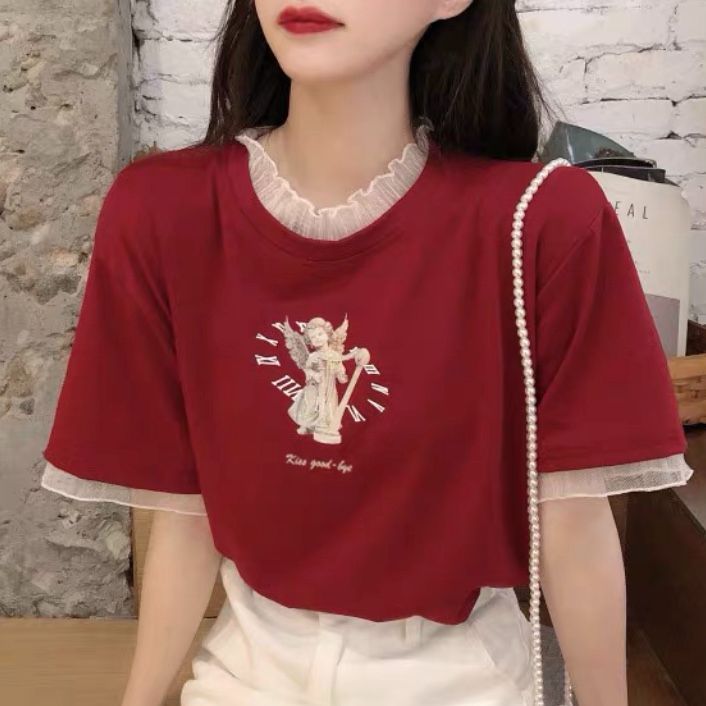 韓国ファッション　フリルTシャツ　ロゴTシャツ　フリル　パイピング　チェリー セール】襟フリル Tシャツ（Tシャツ/カットソー）｜chil2