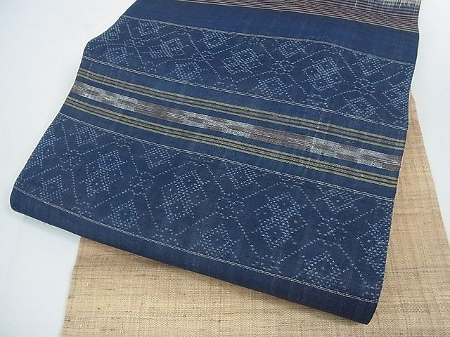 平和屋本店■希少　夏物　重要無形文化財　本場宮古上布　苧麻　九寸名古屋帯　藍　絣　吉祥文　逸品　4kh2050 平和屋本店□希少 夏物 重要無形文化財 本場宮古上布 苧麻 九寸名古屋