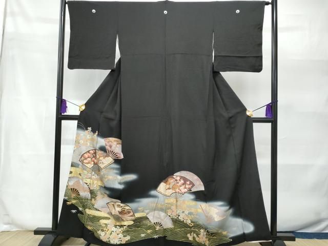 平和屋着物□豪華黒留袖 立波エ霞扇面御所車鼓吉祥花文 暈し染め