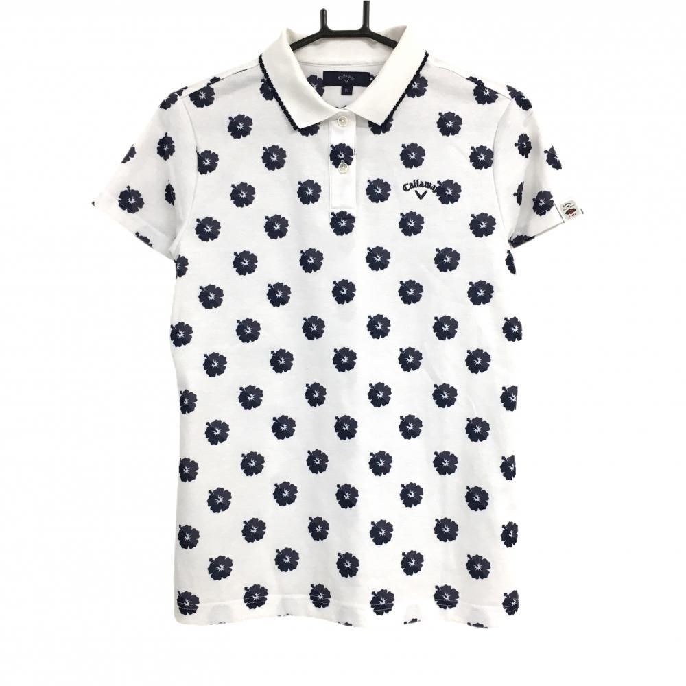 【キャロウェイ】2024年シャドー花総柄×ロゴマーク 半袖ゴルフポロシャツ 白L Callaway キャロウェイ メンズ ゴルフウェア 裏クール スプレー