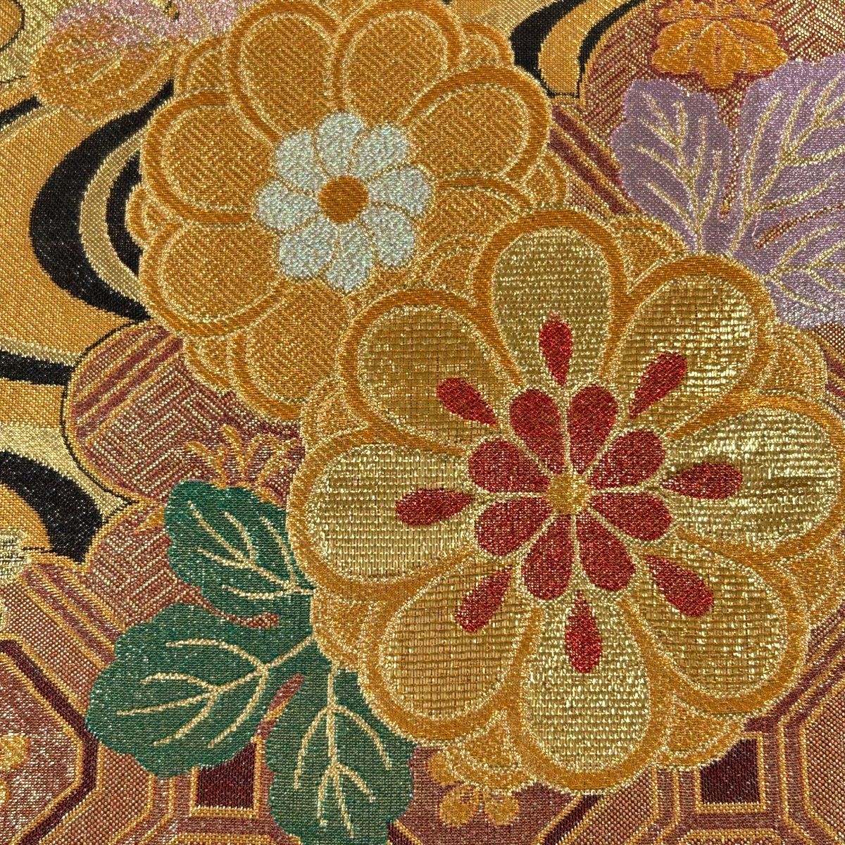 袋帯 菊柄 正絹 六通柄 美品 正絹 六通 袋帯 花散らし大菊文 唐織 六通袋帯 正絹 袋帯 美品