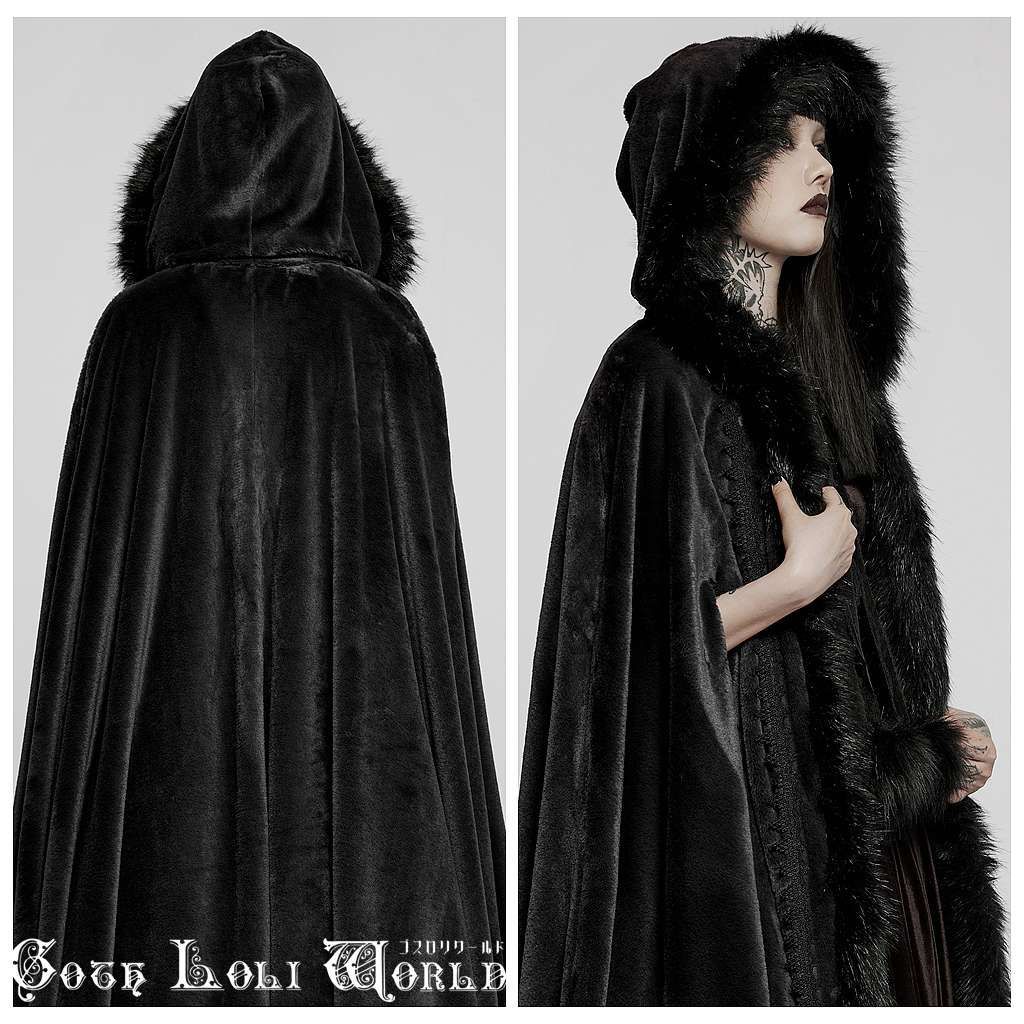 ロングファーフード付マントコート 黒色