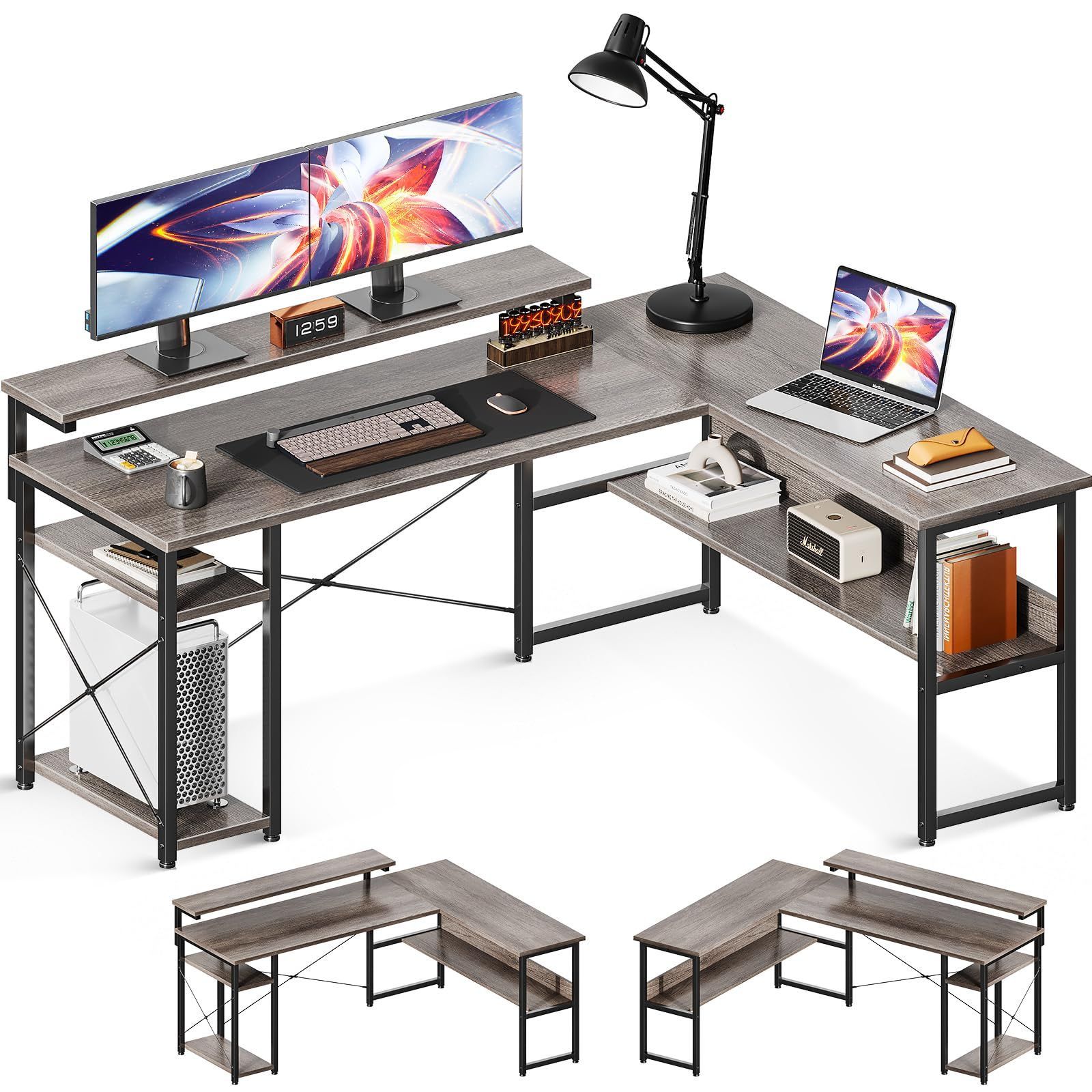 オフィスデスク desk 収納 仕事用 3段階モニター台付き pcデスク 棚付き 在宅勤務 机 l字 組立簡単 デスク ゲーミングデスク 幅155 グレー パソコンデスク ODK