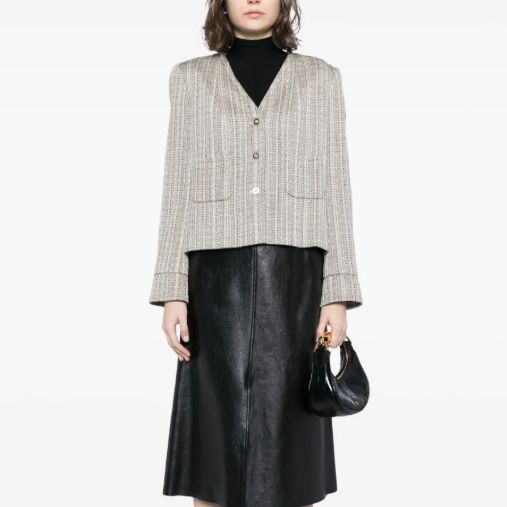 シャネル　CHANEL ヴィンテージ　ツイード　ノーカラージャケット　ベージュ ☆03年春夏 ヴィンテージ CHANEL シャネル ノーカラー Vネック