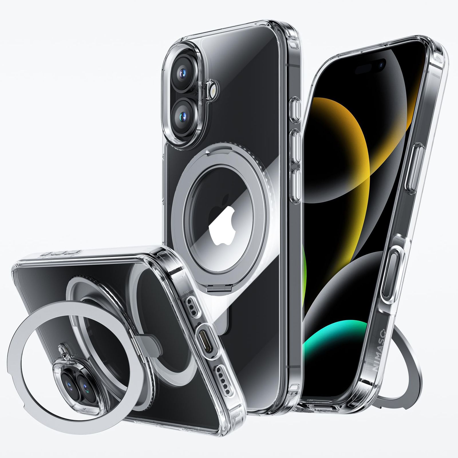 【人気商品】クリア クリア （氷星シリーズ） スマホケース アイフォン16対応（6.1インチ）アジャスタブルスタンド NSC24G1493 黄防止 指紋防止 耐衝撃性 米軍MIL規格 ワイヤレス充電対応 カバ