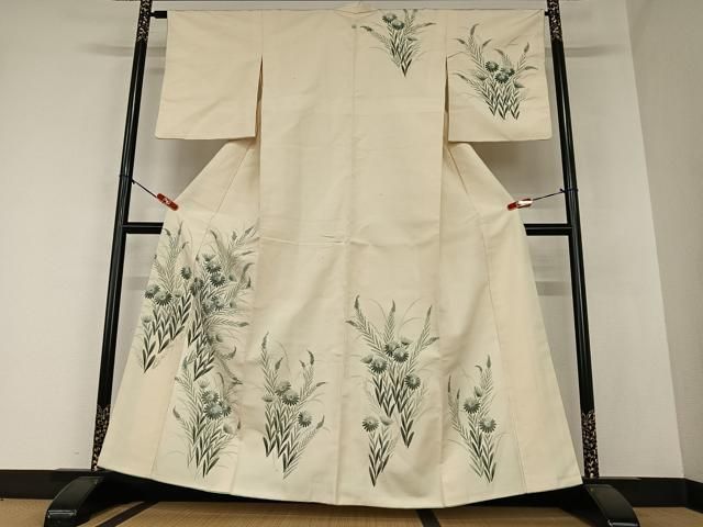 平和屋着物○訪問着 紬地 手描き 草花文 ろうけつ染め 正絹 逸品