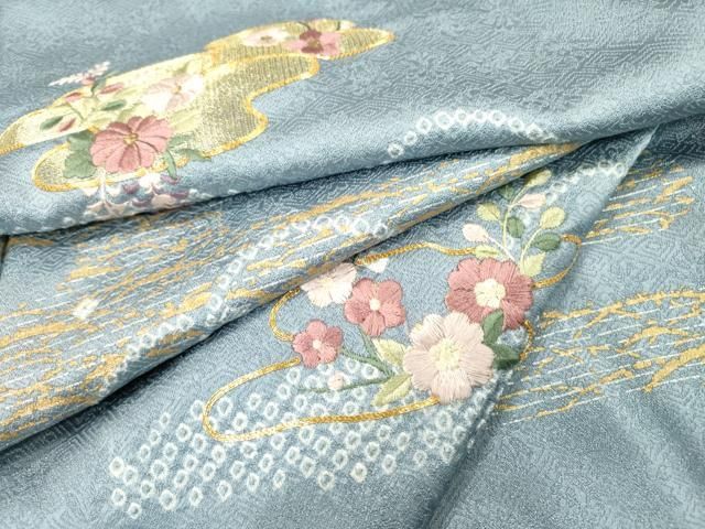 平和屋着物○訪問着 駒刺繍 絞り 花冊子文 金彩 正絹 逸品 AAAX0683zg