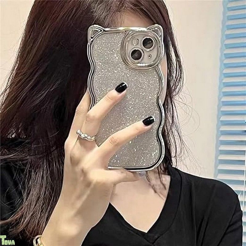 Kunyehdo スマホケース iPhone 15 ケース カバー 対応 メッキ 光沢 ピンク 青 紫 緑 閃粉 猫耳 猫柄 キラキラ おもしろ iPhoneケース 女 軽贅沢 かわいい 薄型 スリム 人気 おしゃれ 韓国 お洒落 立体 