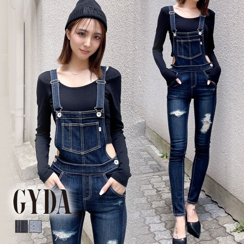 GYDA 異 ダメージデニムスキニーサロペット