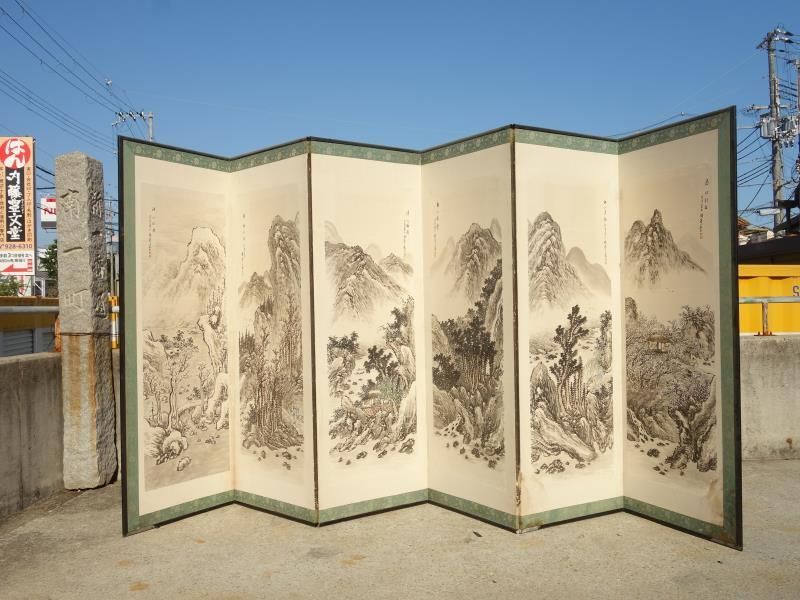 屏風　墨絵　水墨画　六面　山水画　屏風　アンティーク 屏風 墨絵 水墨画 六面 画 屏風 アンティーク コレクション