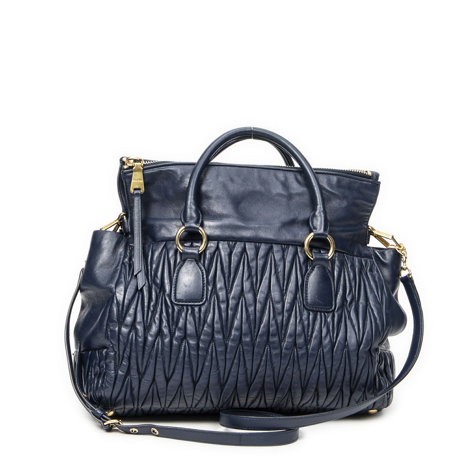 MIU MIU ミュウミュウコンバーチブル フォールドオーバートートネイビーマトラッセレザーA MERCADOAVALIA_COM_BR