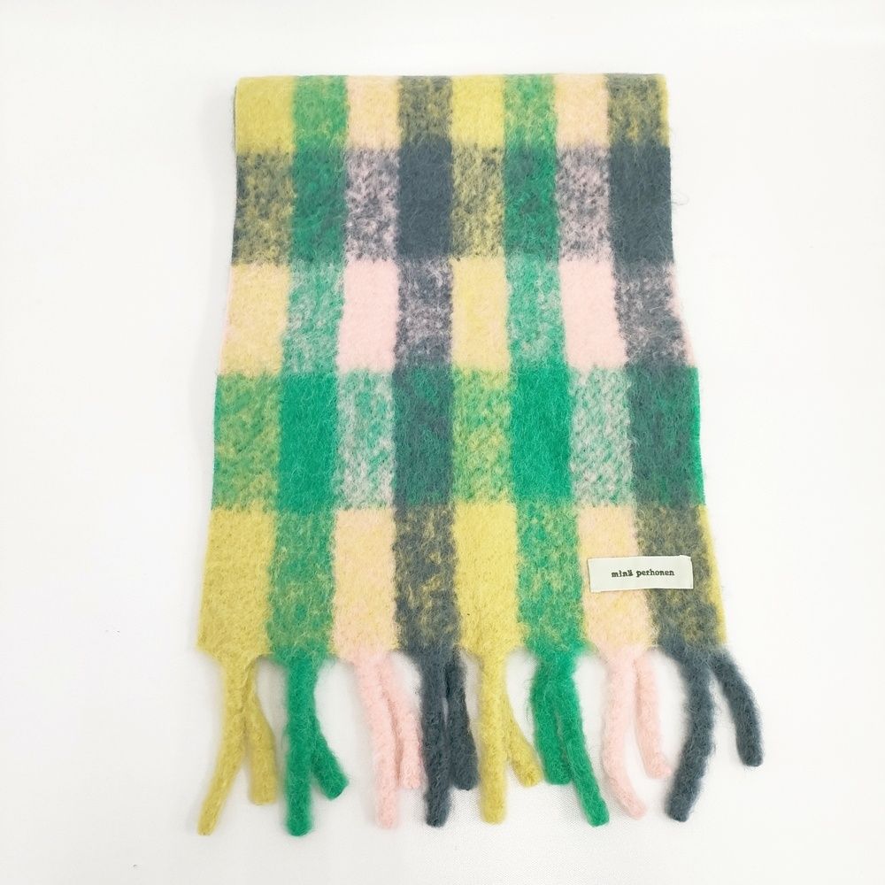 mina perhonen 23AW kaste aba7192 アルパカウール チェック ストール マフラー グリーン イエロー レディース ミナペルホネン 5-0925T◎