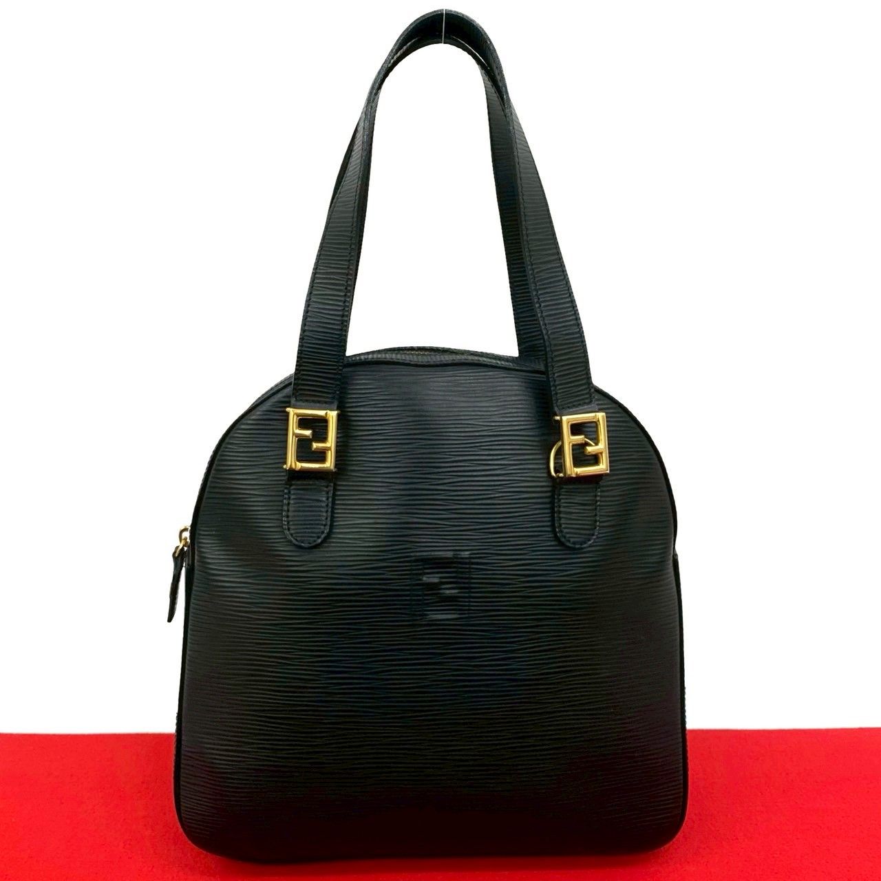 FENDI フェンディ ヴィンテージ FF ロゴ 金具 エピ レザー 本革 ハンドバッグ ミニ ボストンバッグ トートバッグ ブラック 39341