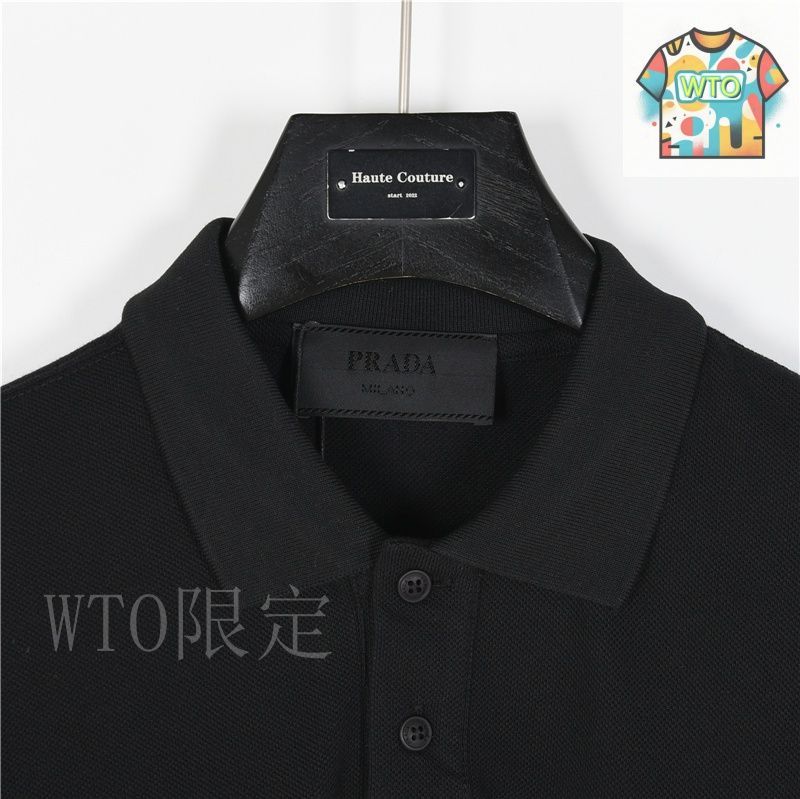 PRADA ブラック ポロシャツ トリコロール 今日WTO】Prada プラダ チェストトライアングルダブルバー