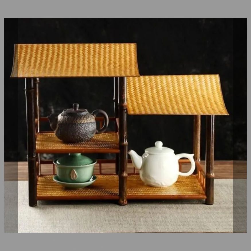 竹製品畳茶棚囲炉裏煮茶禅意梅鹿竹軒置物収納棚双層茶碗棚