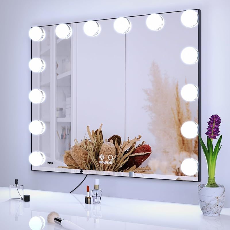 BEAUTME 女優ミラー 卓上ミラー化粧鏡 デスクミラー ハリウッドの鏡 2色ライトモード 明るさ調整 LED電球14個付き ハリウッドミラー 台座付き 卓上 壁掛け両用 60x50.7cm ブラック 0