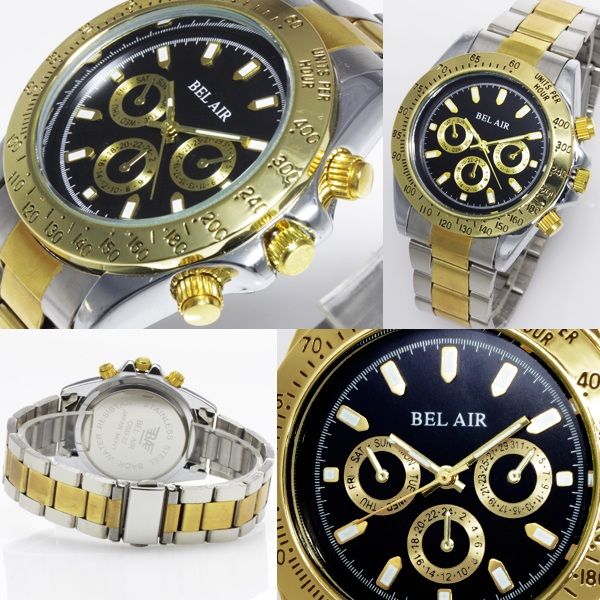 腕時計 ゴールド×シルバー×ブラック フェイククロノグラフ