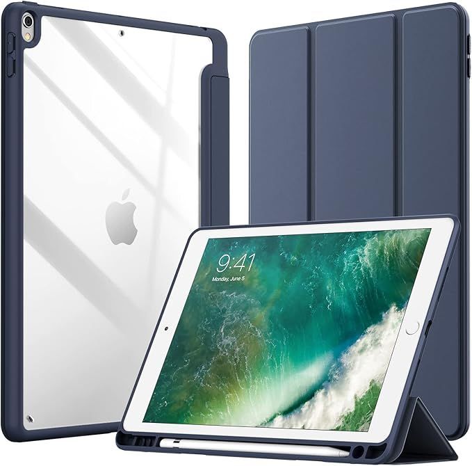 JEDirect iPad Air 3 (10.5 インチ 2019， 第3世代)とiPad Pro 10.5 ケース Pencil収納可能 透明バックカバー 薄型 スタンド 衝撃吸収 タブレットカバー オートウェイク/スリープ機能 (紺)