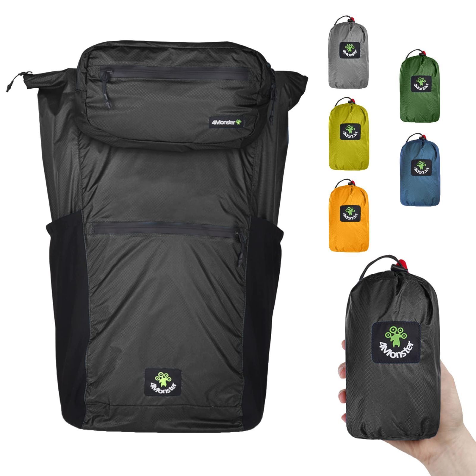 グレー [4Monster] バックパック リュックサック 2in1 ウエストバッグ付き 折りたたみリュック アウトドア リュック 携帯リュック 大容量 防水 収納ナップサック 超軽量 (grey， 32L)