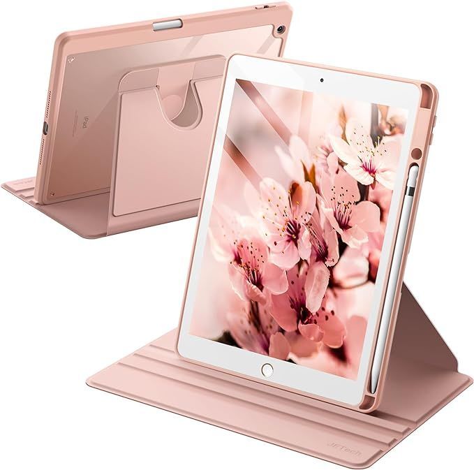 JEDirect 回転ケース iPad 9/8/7 (10.2インチ、2021/2020/2019モデル、第9/8/7世代用) Pencilホルダー付き 360保護 スタンドカバー クリアバック 自動ウェイク/スリープ (ローズゴールド)