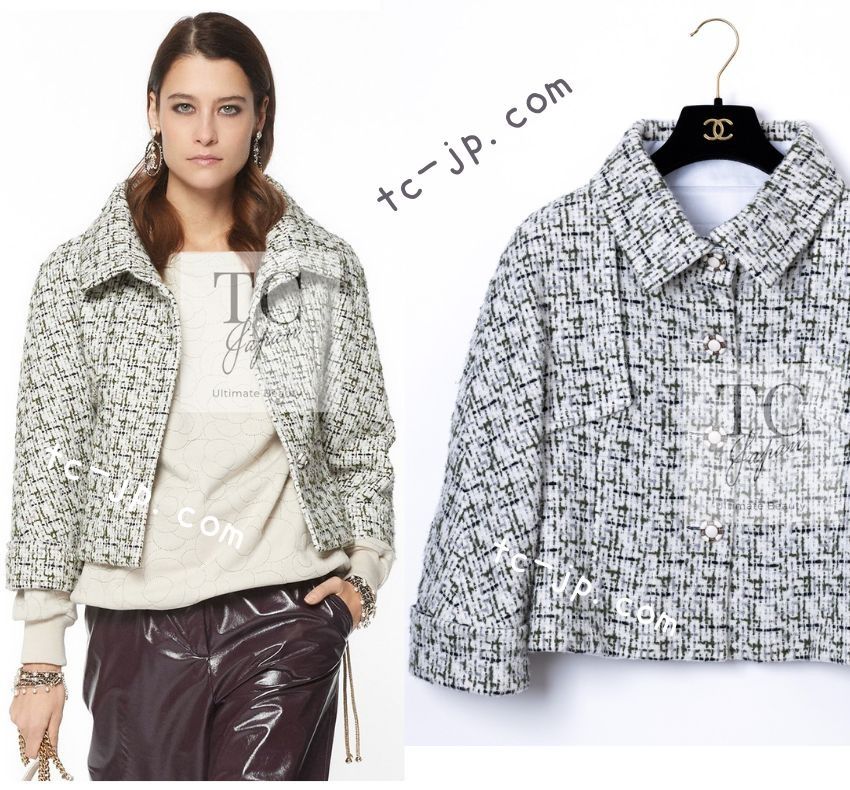 CHANEL - 82万 シャネル ジャケット CHANEL アイボリー カーキ カシミヤ ウール シルク カール・ラガーフェルド ココボタン 超美品 36 82万 シャネル ジャケット CHANEL アイボリー カーキ カシミヤ ウール