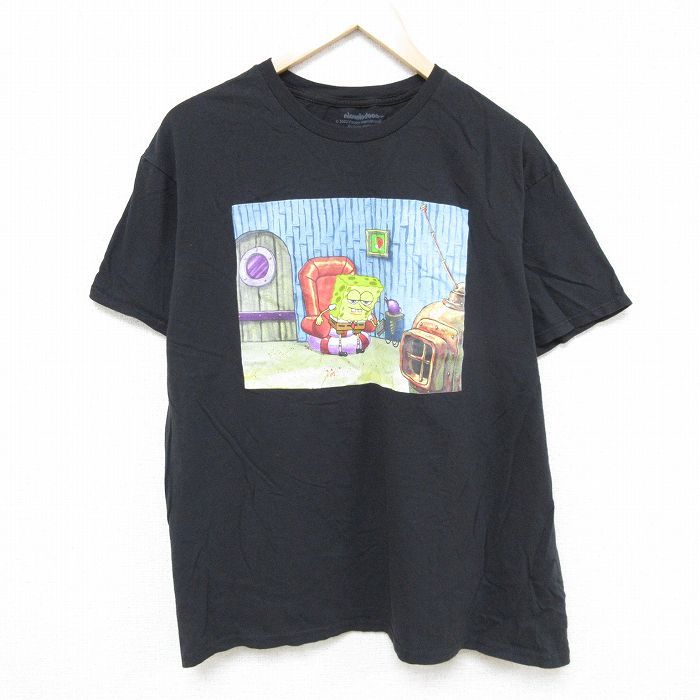 XL/古着 半袖 Tシャツ メンズ アニメ ニコロデオン スポンジボブ コットン クルーネック 黒 ブラック 24jul06 中古