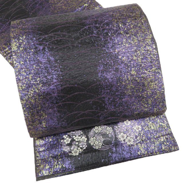 袋帯 リサイクル 正絹 セミフォーマル 仕立て上がり 六通 丸花紋 芝草文 箔糸 黒色 紫色 金銀 きもの北條 A1285-15