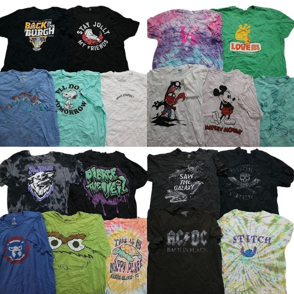 古着卸 まとめ売り カラーmix プリント 半袖Tシャツ 19枚セット (メンズ XL ) タイダイ 音楽 バンド スカル キャラクター 映画 大判 MS6035
