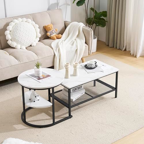 ネストテーブル 2点セット 入れ子式 1台3役 収納付き ホワイト ブラック脚 OSJ 丸 センターテーブル 大理石調 北欧 長方形 広がる オーエスジェイ OSJ テーブル ローテーブル サイドテーブル 2個セット コンパクト リビングテーブル