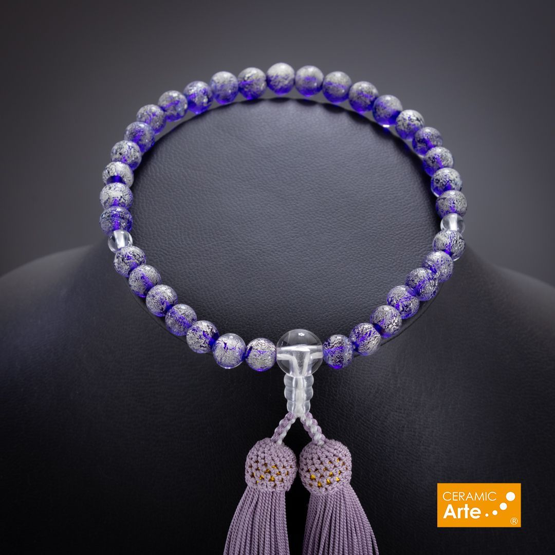 青く輝く数珠（白金箔入り）天然石 水晶使用（女性用念珠・正絹薄藤房