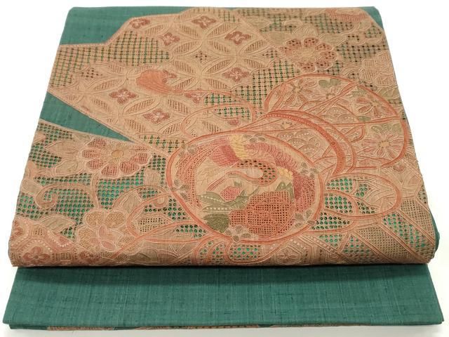 4k2088 袋帯　絹　紬　中国刺繍　相良　汕頭　鶴　茶色　金色　緑　柄物　和装 4k2088 袋帯 絹 紬 中国刺繍 相良 汕頭 鶴 茶色 金色 緑 柄物