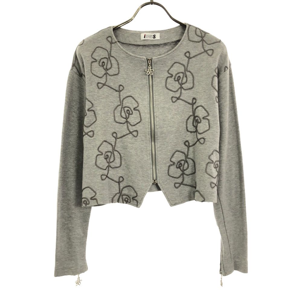 イッセイミヤケ I.S. 日本製 花柄 刺繍 スウェット ノーカラージャケット M グレー系 ISSEY MIYAKE レディース イッセイミヤケ I.S. 日本製 花柄 刺繍 スウェット ノーカラー