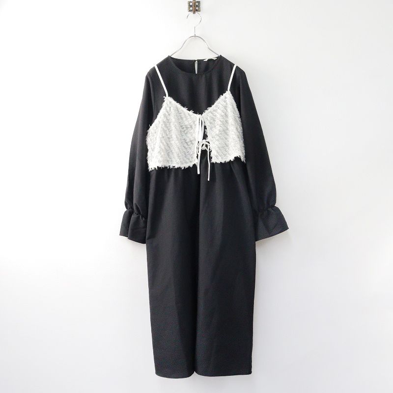 エヘカソポ サマンサモスモス ehka sopo Samansa Mos2 SM2 リボンキャミセットワンピース F/ブラック ホワイト ロング 【2400014069426】