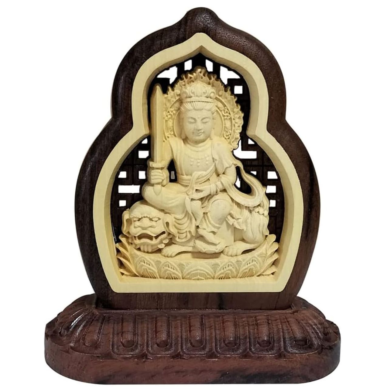 木彫りの仏像 木彫り仏像 文殊菩薩 両面彫刻 仏教美術品 祈る 厄除け（高さ8cm