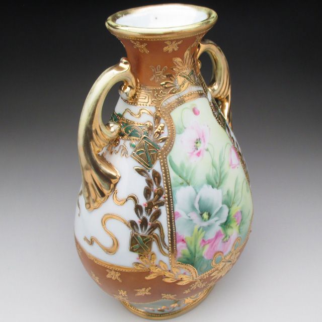 オールドノリタケ 茶地金盛りジュール芥子絵 花瓶 21cm 商品の説明