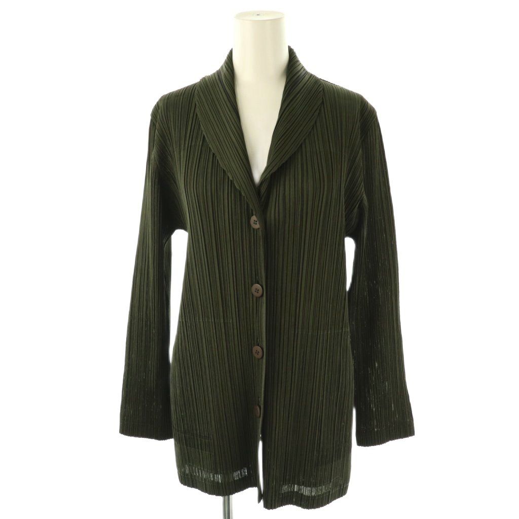 PLEATS PLEASE イッセイミヤケ ノーカラー ジャケット グリーン PLEATS PLEASE イッセイミヤケ ノーカラー ジャケット グリーン