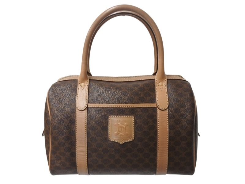 【CELINE】ボストンバッグ　マカダム柄　PVC ダークブラウン CELINE】ボストンバッグ マカダム柄 ゴールド金具 PVC ダーク