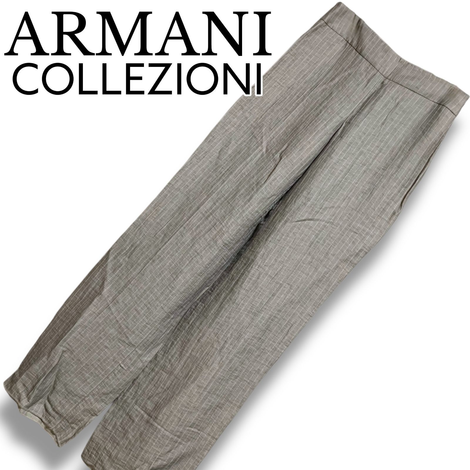 ARMANI COLLEZIONI アルマーニコレツィオーニ グレー ストライプ ワイドパンツ リネン混 イタリア製 44 Lサイズ相当 麻混素材 レディース エレガント きれいめ 上品 夏物 涼しい おしゃれ 大人 001142H