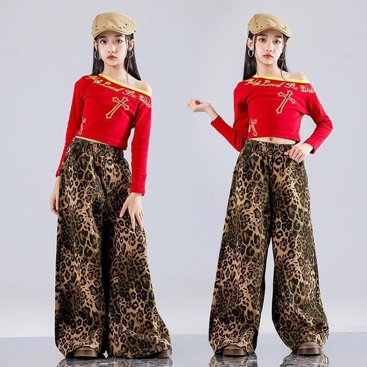 レオパード柄 赤色 ブラウン レッド キッズ ダンス衣装 上下セット ワイドパンツ 長袖 トップス へそ出し 肩出し ヒョウ柄パンツ チア チア LLC-HASEGAWATOSO_COM