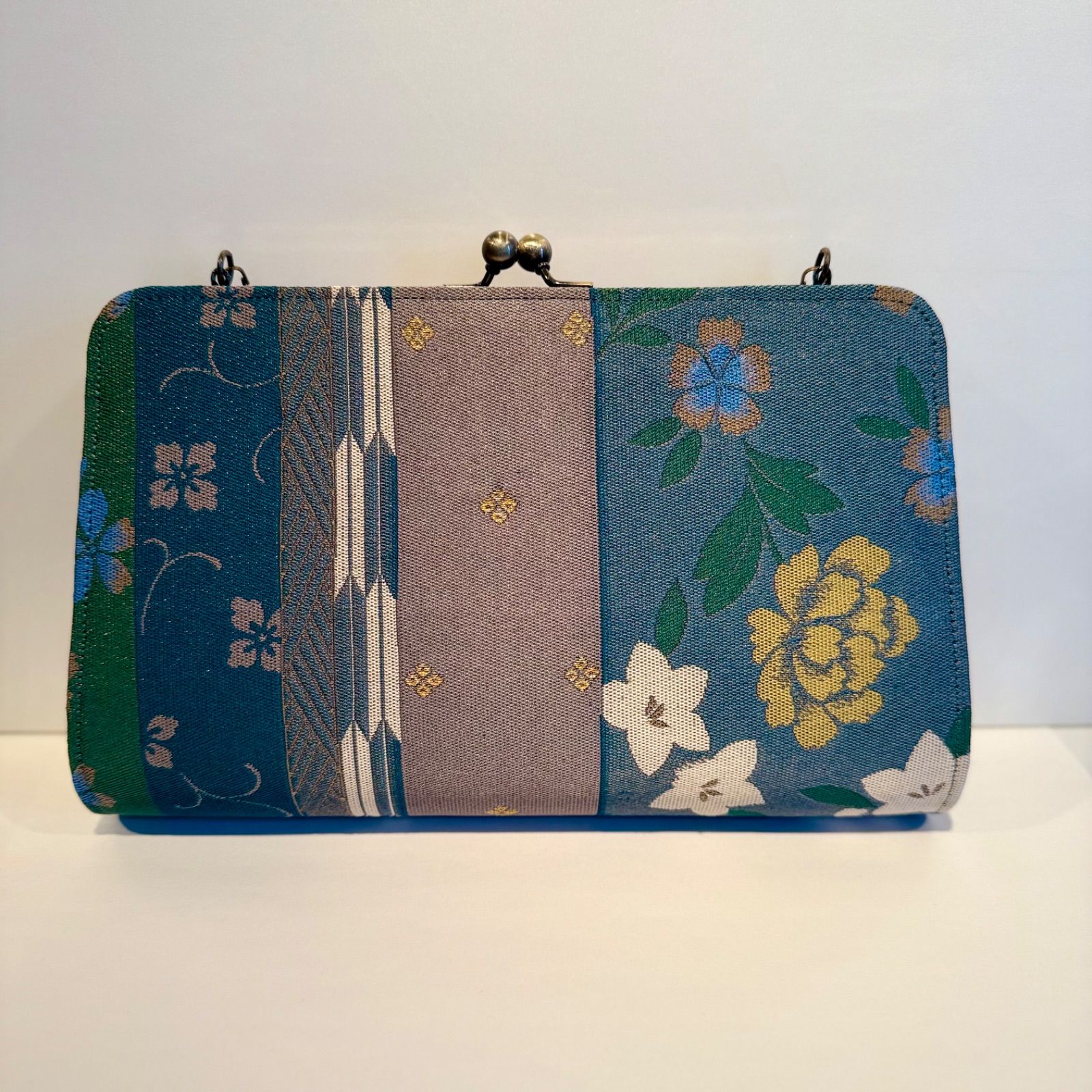 京都帯屋さん 正絹 皮 2way がま口フォーマルバック大 裂取縞