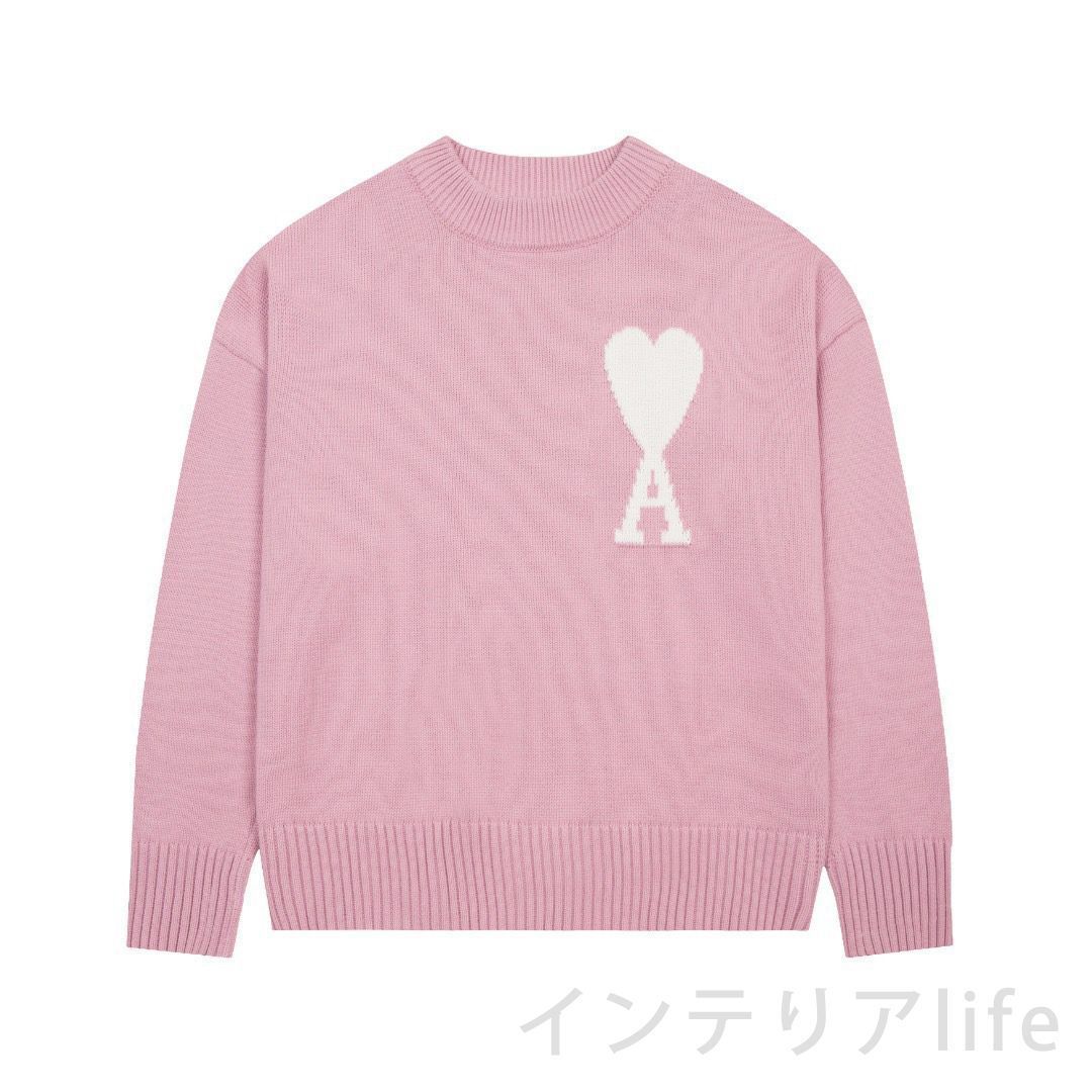 人気極美品 AMI PARIS 24秋冬新作クラウドシリーズピンクビッグハートニットラウンドネックセーター、男女兼用 ピンク