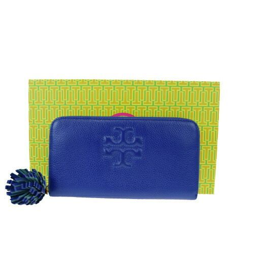 【】 トリーバーチ(Tory Burch) フリンジ ラウンドファスナー レザー 財布 ブルー 04GA244