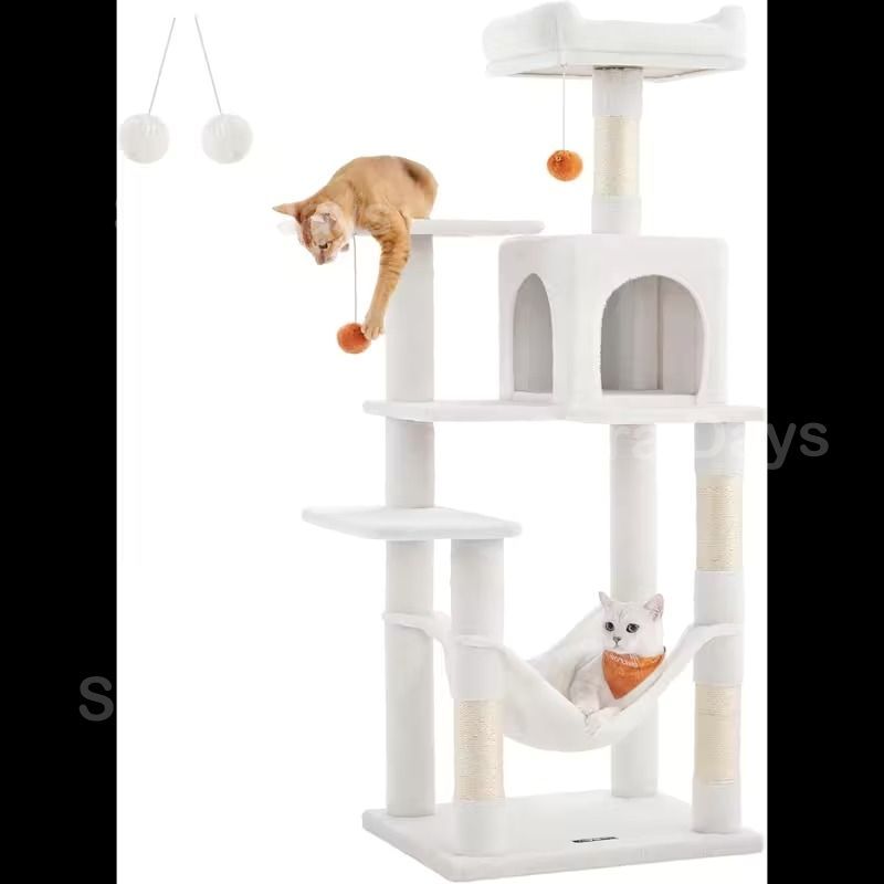 キャットタワー 猫タワー 大型猫用 ハンモック付き スリム シンプル おしゃれ 可愛い インテリア 北欧 多頭飼い 見晴らし台 隠れ家 おもちゃ 爪とぎ 運動不足解消 安定 ホワイト 耐荷重15kg 55×45×143cm