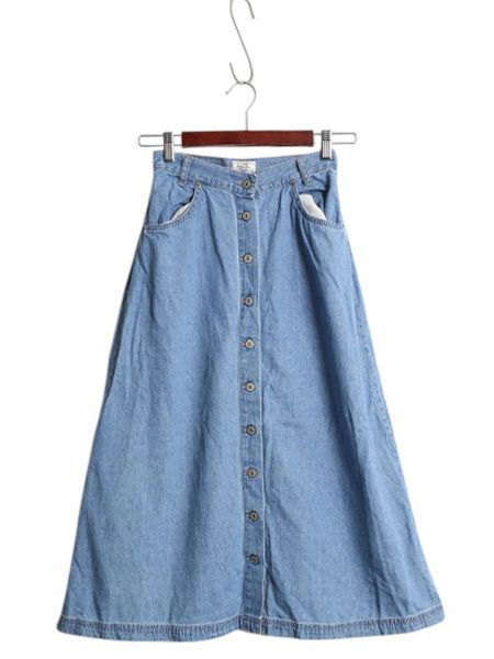 90s リーバイス デニム スカート レディース XS 古着 コットン ボタン 前開き ミモレ丈 ひざ下 Aライン タックなし 薄手 白タブ